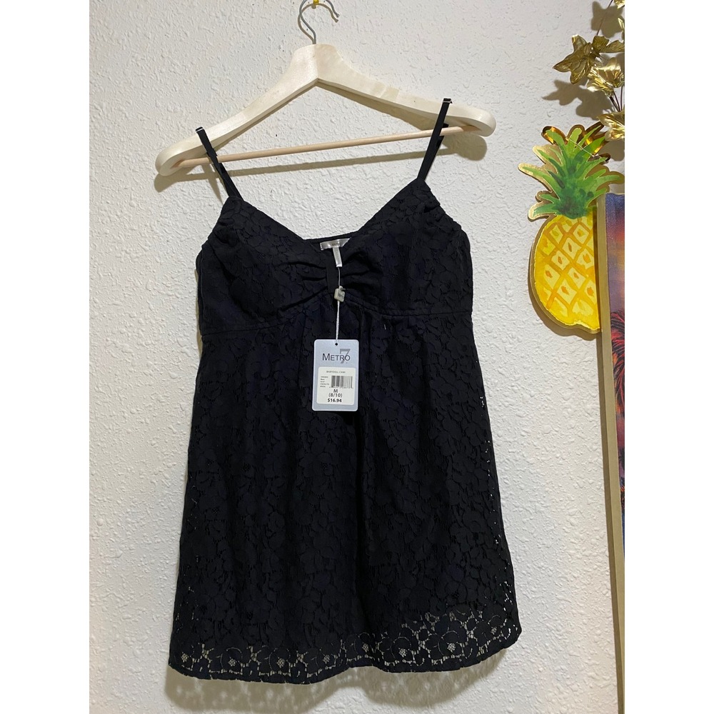 Vtg Metro 7 Black Y2K Floral Lace Babydoll Cami Top Empire Waist witchy fairy M